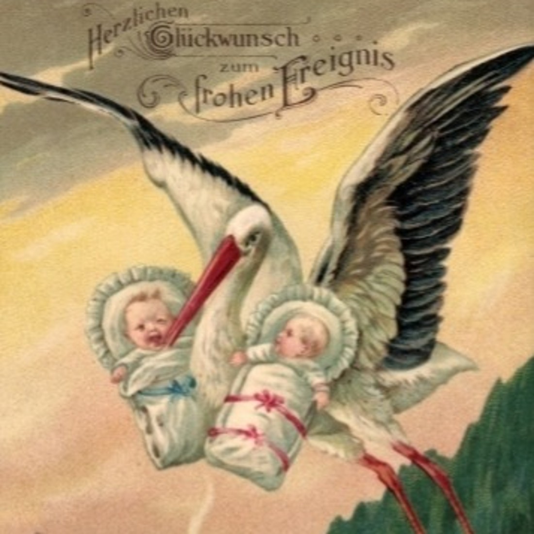 Alte Postkarte zur Geburt mit Storch und Babys