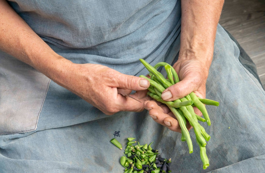 Hands hold pea pods and peel peas out.