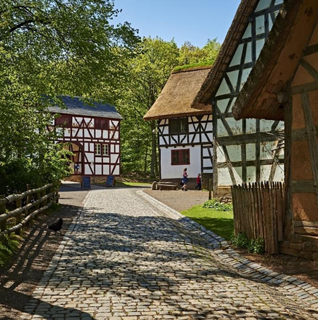 Cobblestone path, half-timbered houses on the right
