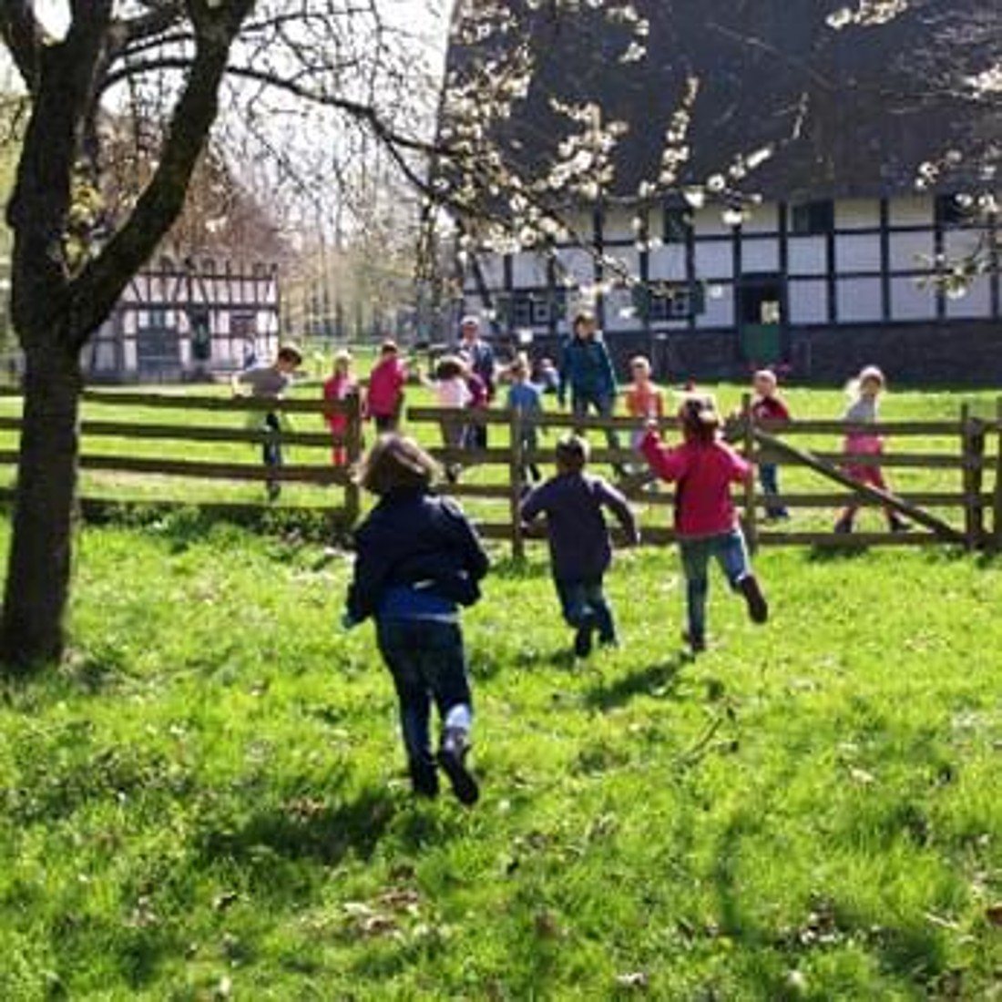 Kinder rennen über eine Wiese