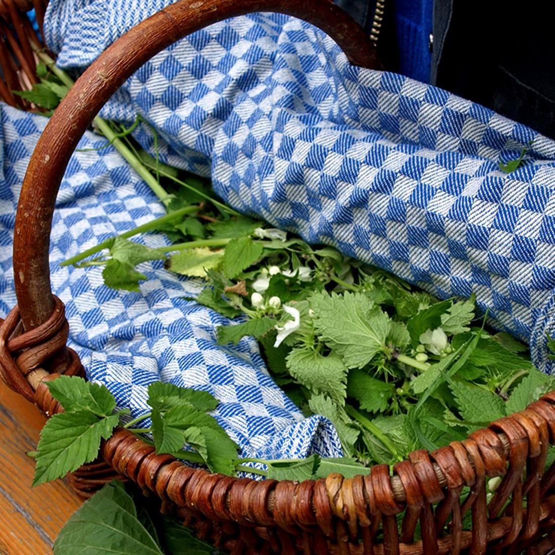 Kräuter in einem Krob auf einem blau-weiß karriertem Tuch