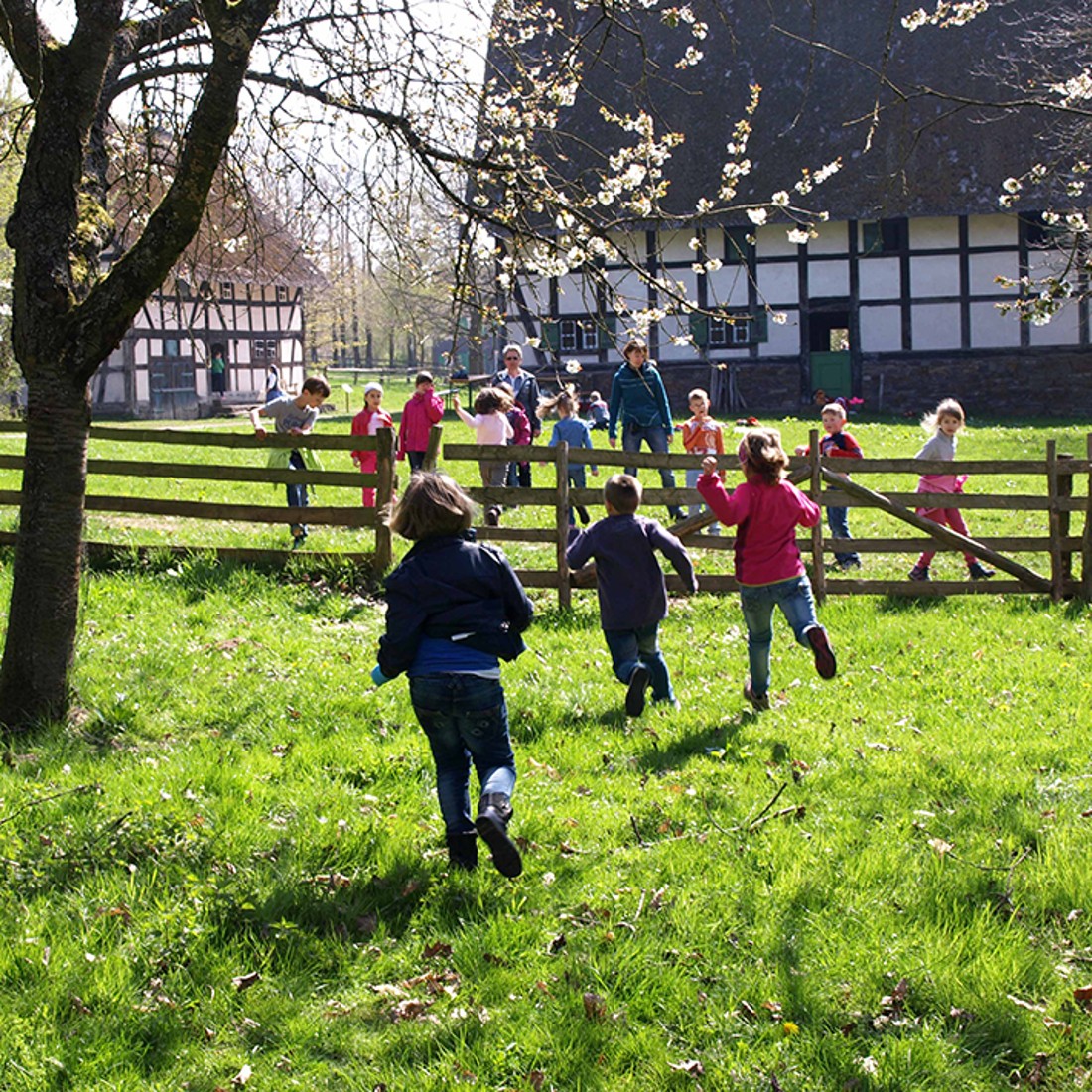 Children run across a meadow, in the background you can see half-timbered houses