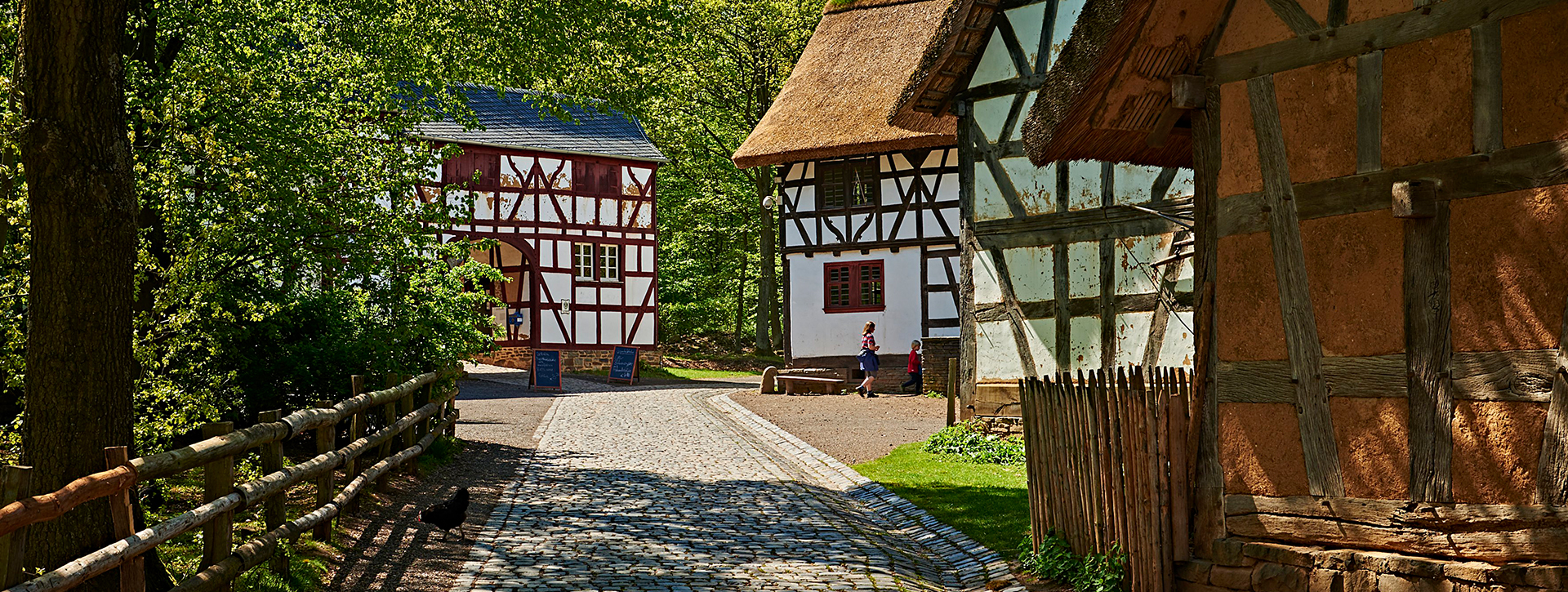 Way past half-timbered houses with cobblestones