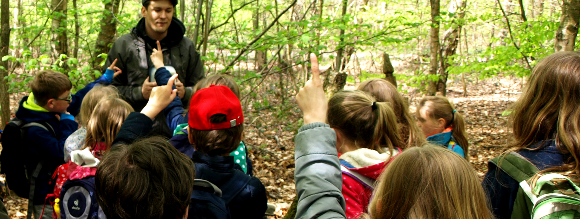 Gruppe Schülerinnen und Schüler steht im Wald und hört einem Mann zu