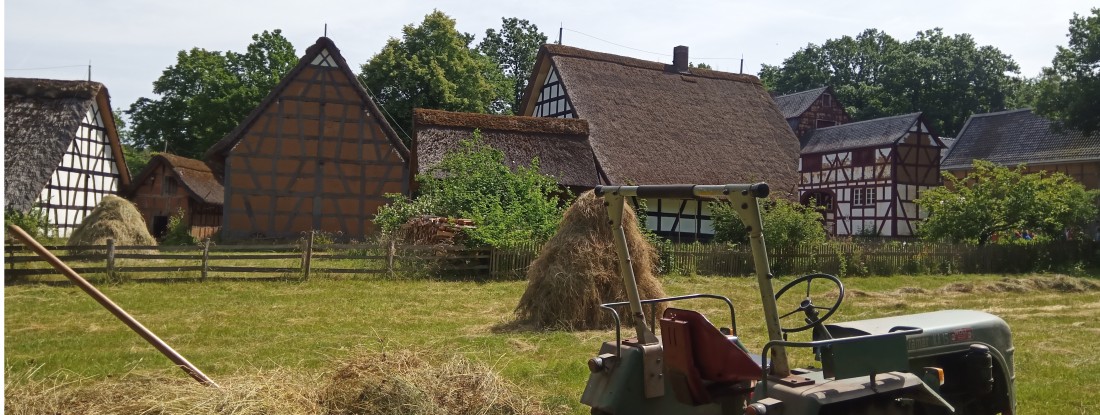 Traktor auf Feld vor Fachwerkh&auml;usern