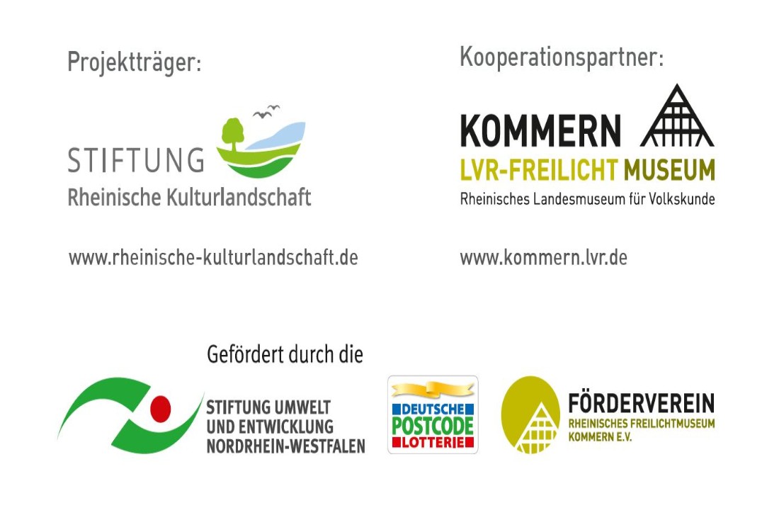 Logos der Stiftung Rheinische Kulturlandschaft, LVR-Freilichtmuseum Kommern, Stiftung Umwelt und Entwicklung Nordrhein-Westfalen, Förderverein Rheinische Frelichtmuseum Kommern 