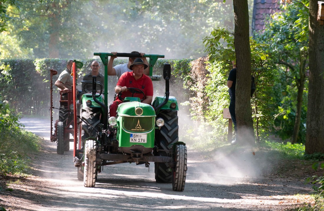 Oldtimer-Tracktor fährt auf einem Weg durch einen Wald