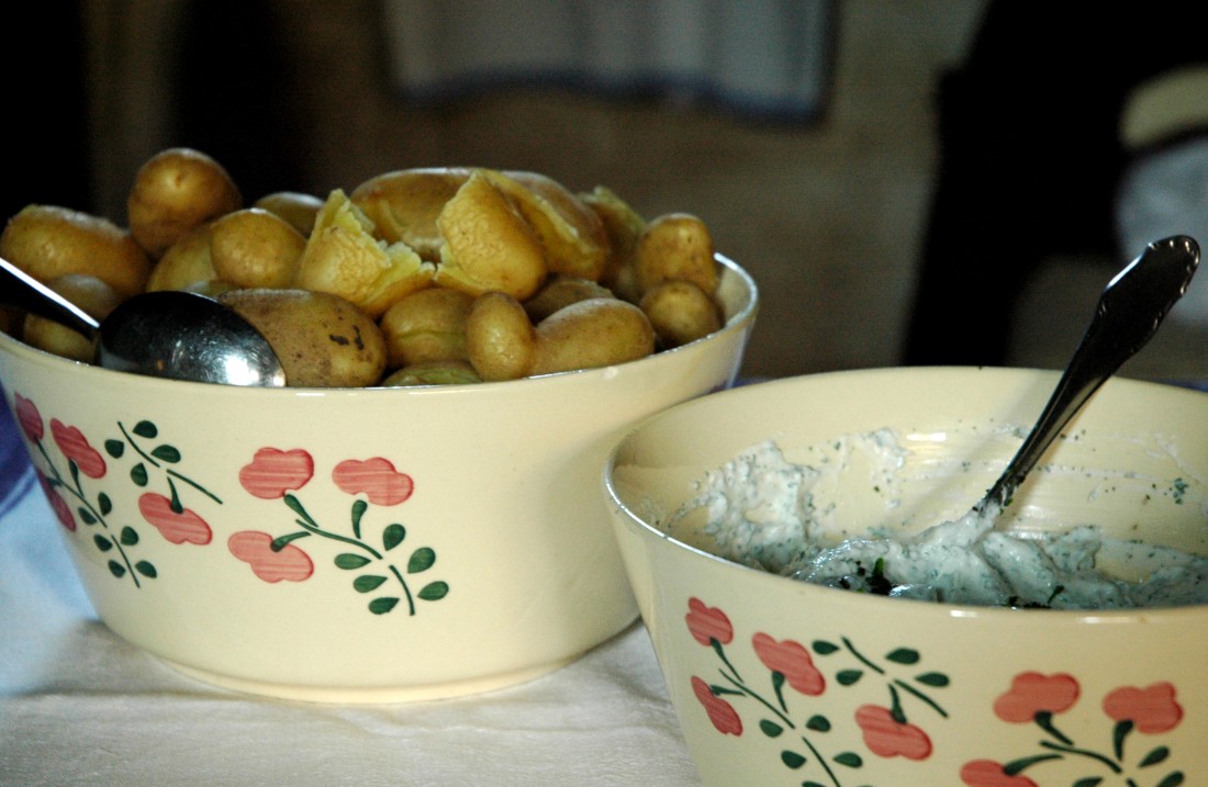 Two bowls with potatoes and cottage cheese